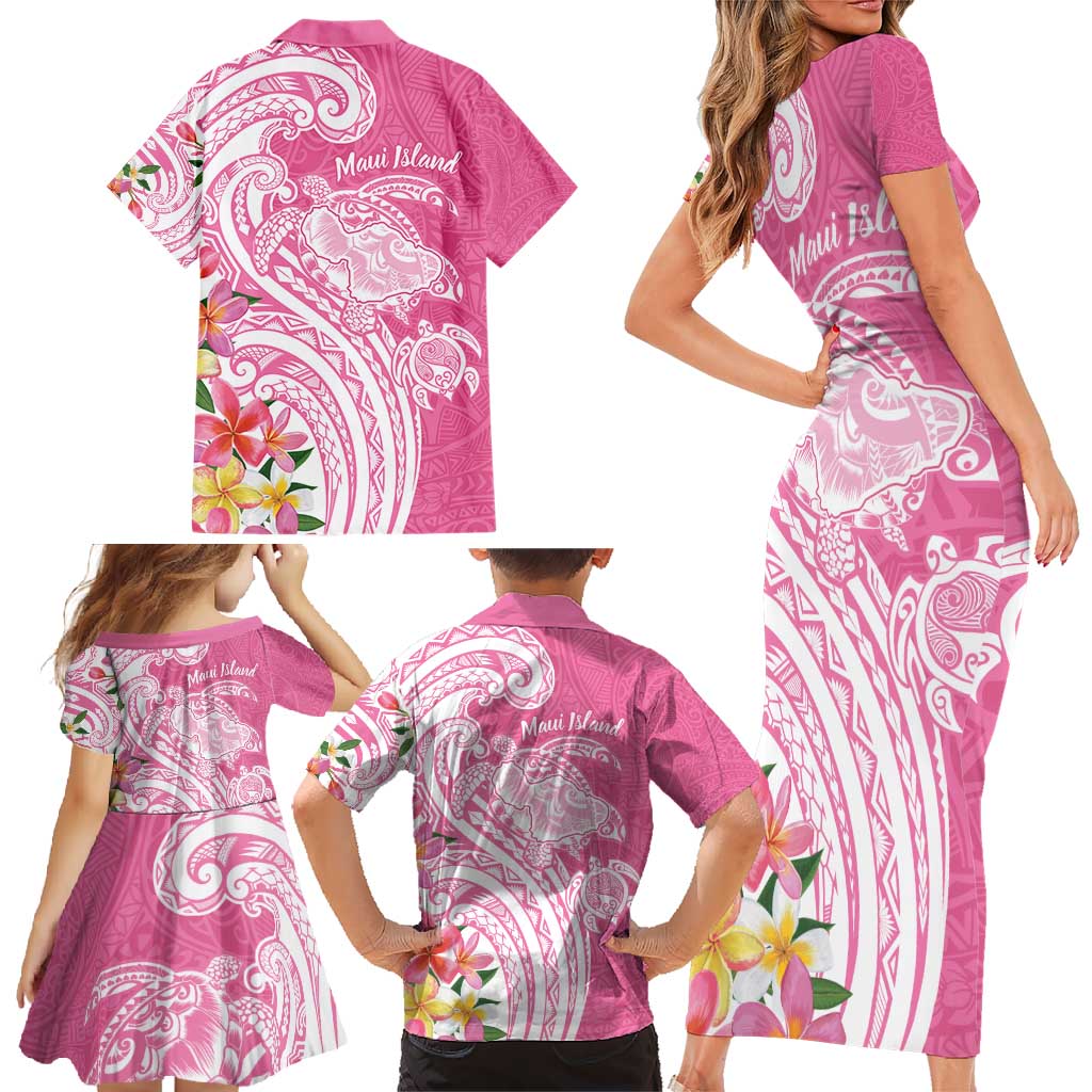 Aloha Maui Island Personalized Family Matching Short Sleeve Bodycon Dress and Hawaiian Shirt Rose Dreamy Turtle LT7 - Polynesian Pride