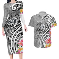 Aloha Kahoolawe Island Personalized Couples Matching Long Sleeve Bodycon Dress and Hawaiian Shirt Ashen Dreamy Turtle LT7 Grey - Polynesian Pride