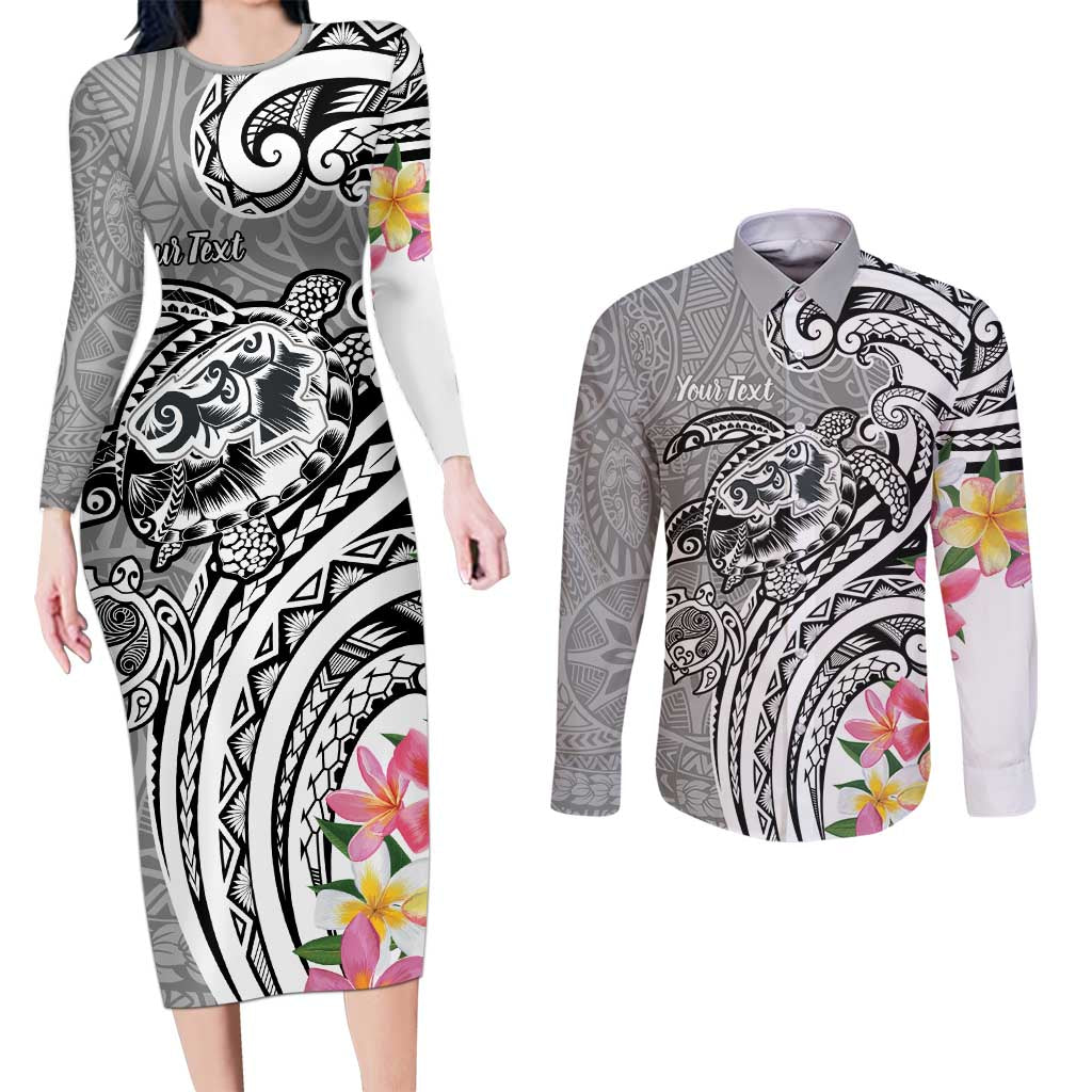 Aloha Kahoolawe Island Personalized Couples Matching Long Sleeve Bodycon Dress and Long Sleeve Button Shirt Ashen Dreamy Turtle LT7 Grey - Polynesian Pride