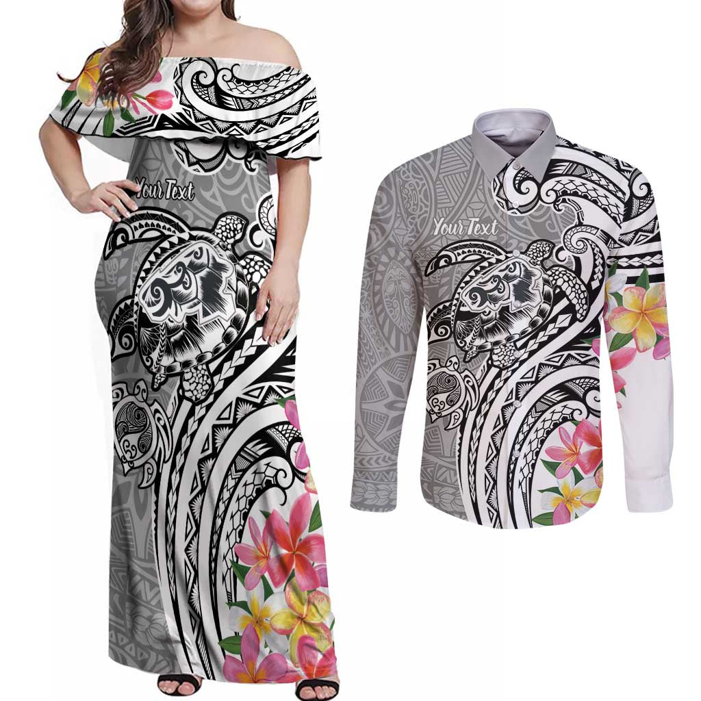 Aloha Kahoolawe Island Personalized Couples Matching Off Shoulder Maxi Dress and Long Sleeve Button Shirt Ashen Dreamy Turtle LT7 Grey - Polynesian Pride
