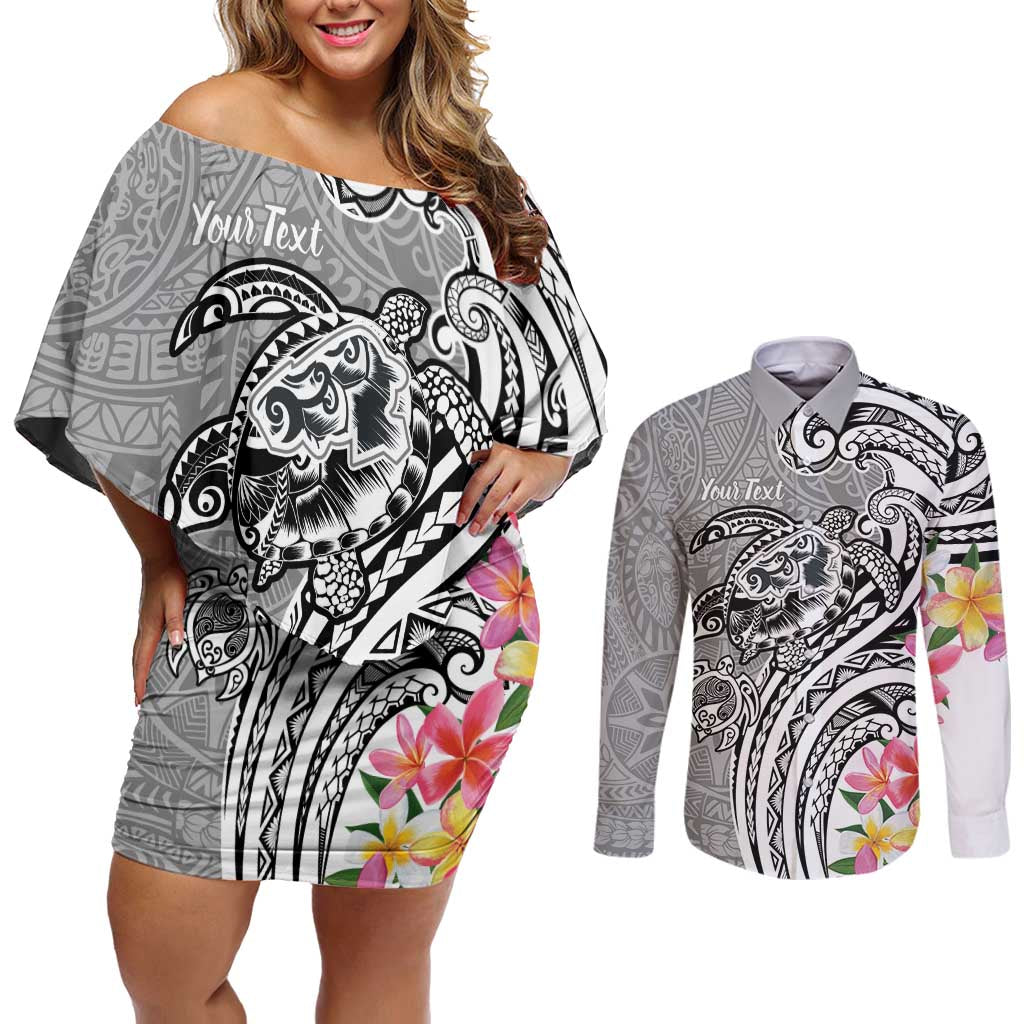 Aloha Kahoolawe Island Personalized Couples Matching Off Shoulder Short Dress and Long Sleeve Button Shirt Ashen Dreamy Turtle LT7 Grey - Polynesian Pride