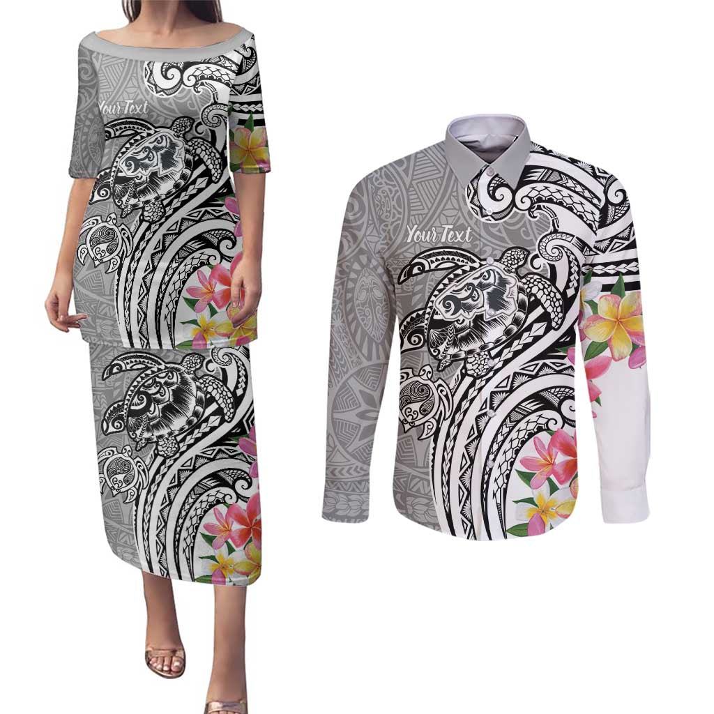Aloha Kahoolawe Island Personalized Couples Matching Puletasi and Long Sleeve Button Shirt Ashen Dreamy Turtle LT7 Grey - Polynesian Pride