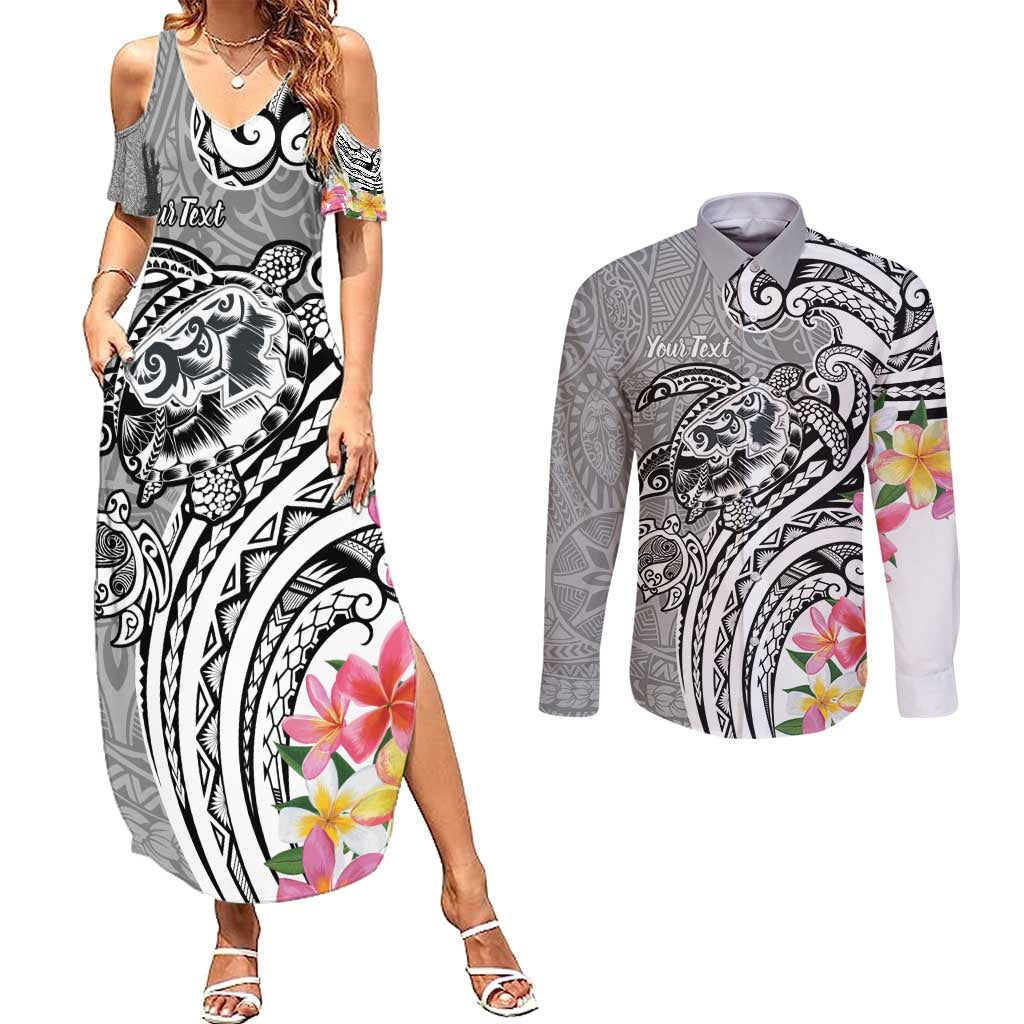 Aloha Kahoolawe Island Personalized Couples Matching Summer Maxi Dress and Long Sleeve Button Shirt Ashen Dreamy Turtle LT7 Grey - Polynesian Pride