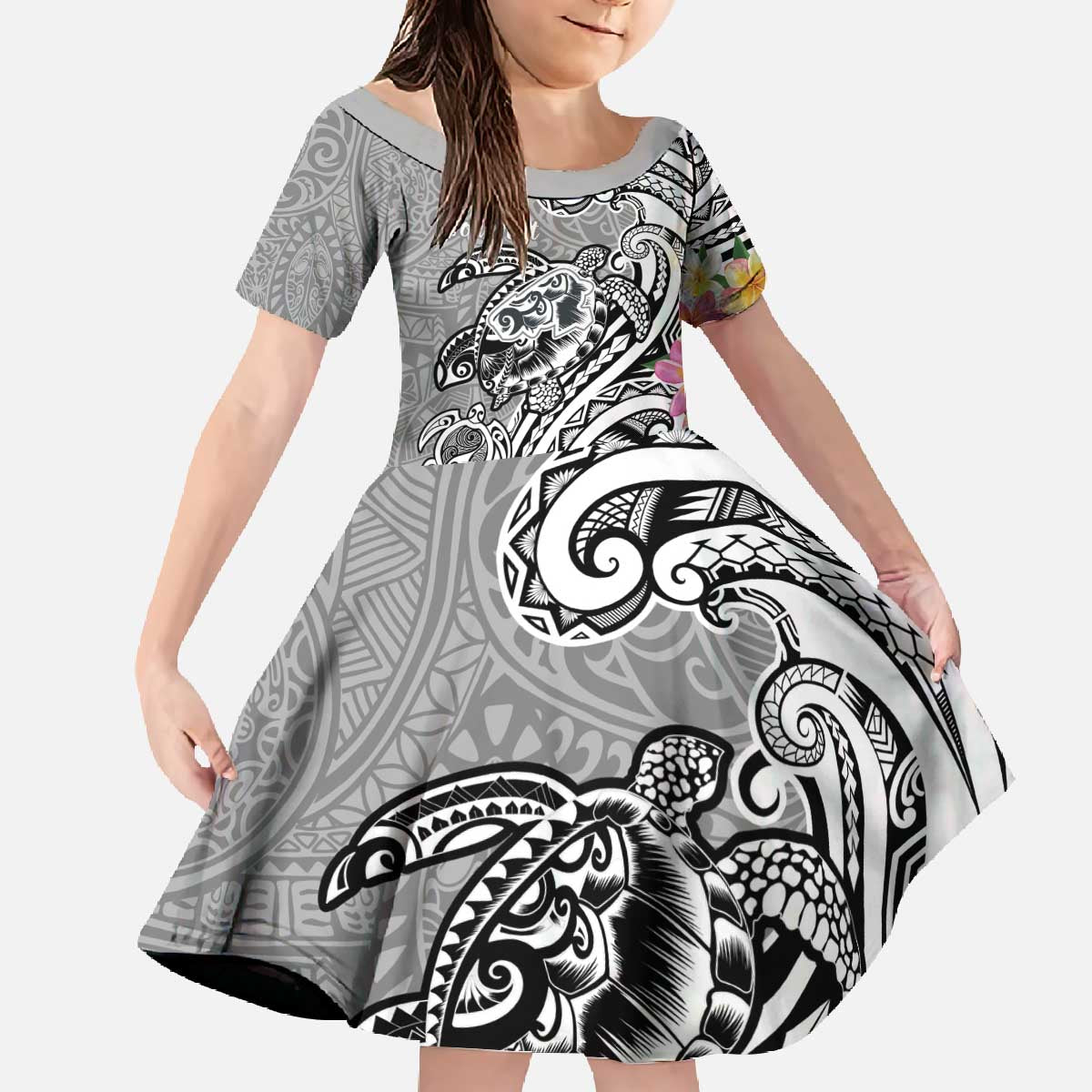 Aloha Kahoolawe Island Personalized Family Matching Off The Shoulder Long Sleeve Dress and Hawaiian Shirt Ashen Dreamy Turtle LT7 Daughter's Dress Grey - Polynesian Pride
