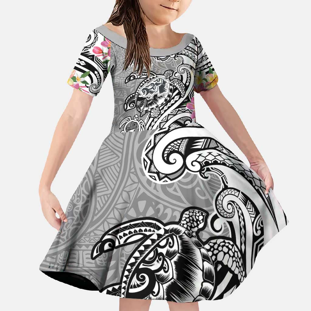 Aloha Kahoolawe Island Personalized Family Matching Off Shoulder Maxi Dress and Hawaiian Shirt Ashen Dreamy Turtle LT7 Daughter's Dress Grey - Polynesian Pride