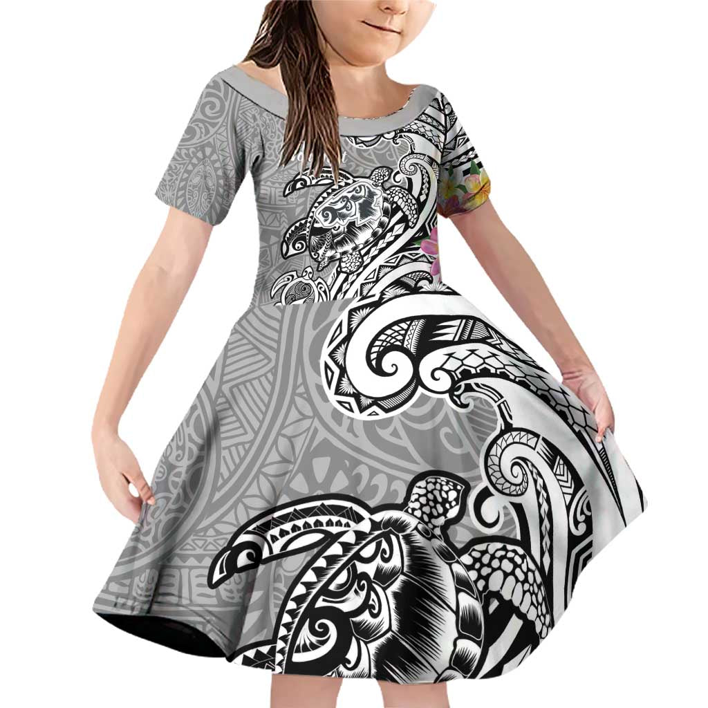 Aloha Kahoolawe Island Personalized Family Matching Off Shoulder Short Dress and Hawaiian Shirt Ashen Dreamy Turtle LT7 Daughter's Dress Grey - Polynesian Pride