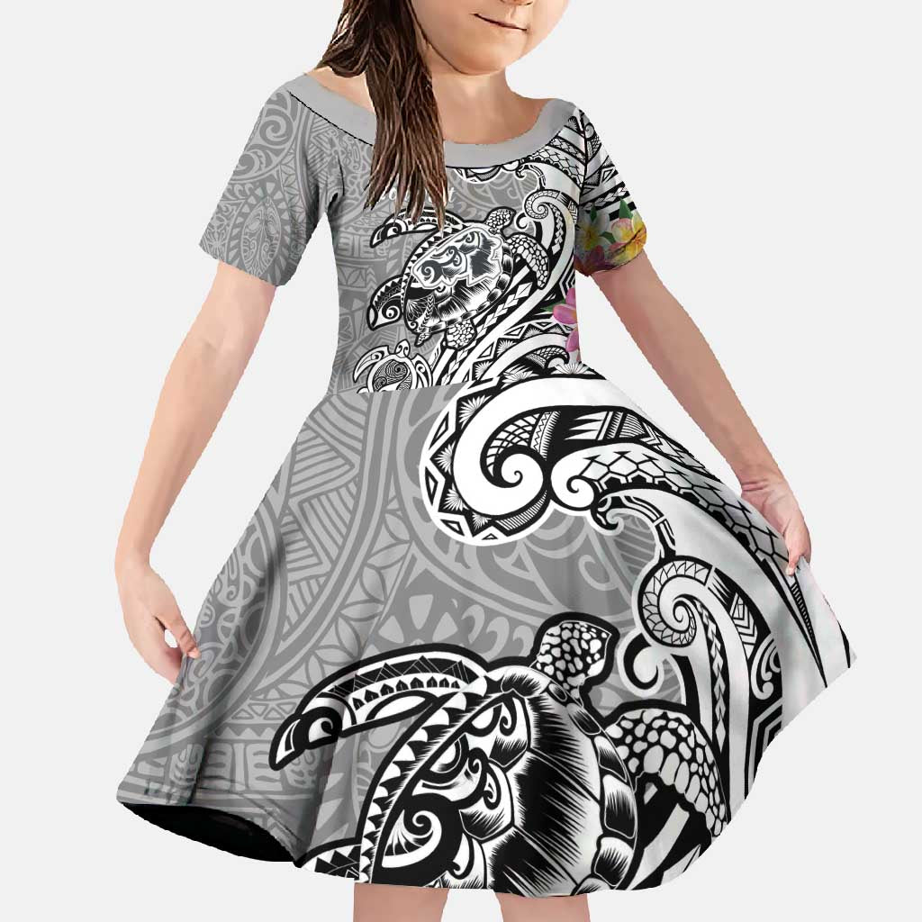 Aloha Kahoolawe Island Personalized Family Matching Short Sleeve Bodycon Dress and Hawaiian Shirt Ashen Dreamy Turtle LT7 Daughter's Dress Grey - Polynesian Pride
