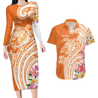 Aloha Lanai Island Personalized Couples Matching Long Sleeve Bodycon Dress and Hawaiian Shirt Orange Dreamy Turtle LT7 Orange - Polynesian Pride