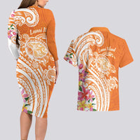 Aloha Lanai Island Personalized Couples Matching Long Sleeve Bodycon Dress and Hawaiian Shirt Orange Dreamy Turtle LT7 - Polynesian Pride
