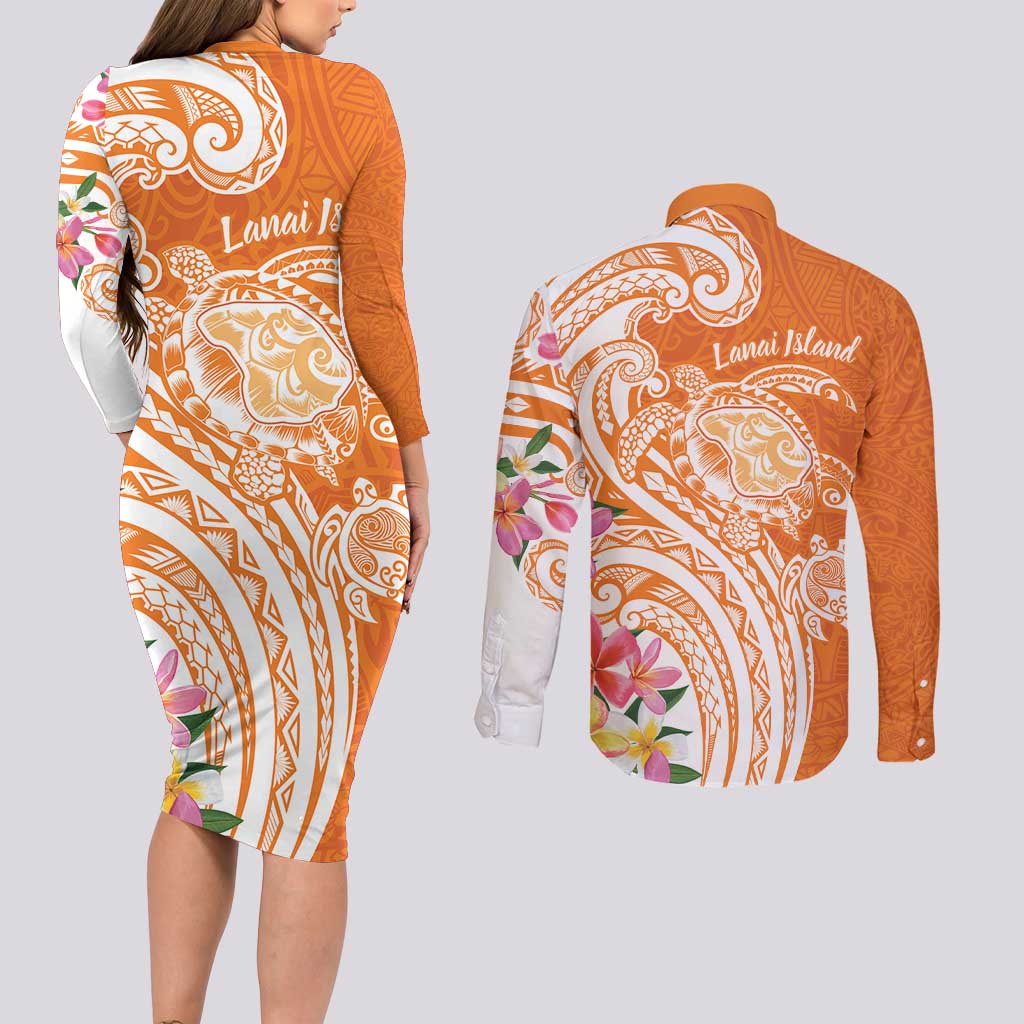 Aloha Lanai Island Personalized Couples Matching Long Sleeve Bodycon Dress and Long Sleeve Button Shirt Orange Dreamy Turtle
