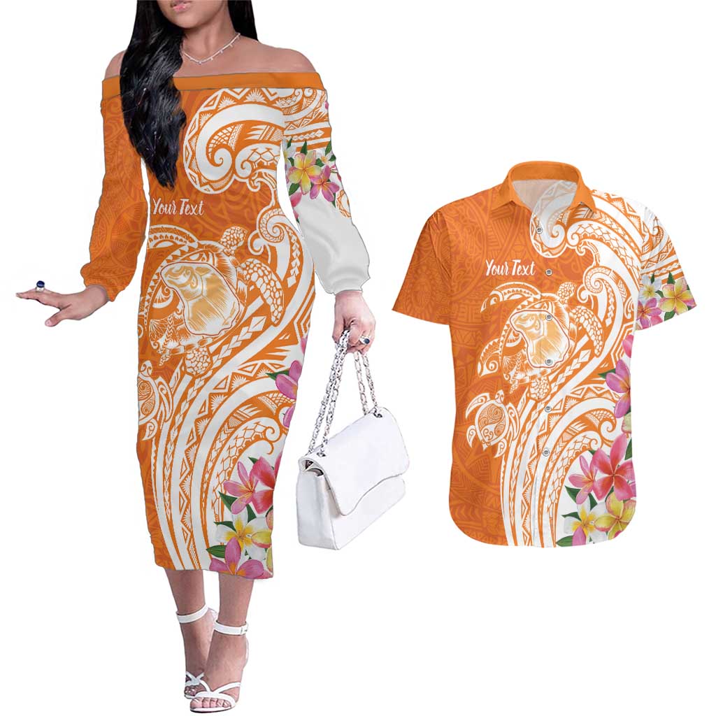 Aloha Lanai Island Personalized Couples Matching Off The Shoulder Long Sleeve Dress and Hawaiian Shirt Orange Dreamy Turtle LT7 Orange - Polynesian Pride