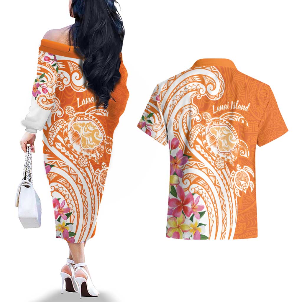 Aloha Lanai Island Personalized Couples Matching Off The Shoulder Long Sleeve Dress and Hawaiian Shirt Orange Dreamy Turtle LT7 - Polynesian Pride