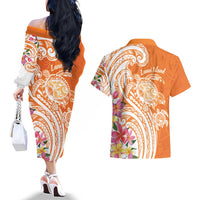 Aloha Lanai Island Personalized Couples Matching Off The Shoulder Long Sleeve Dress and Hawaiian Shirt Orange Dreamy Turtle LT7 - Polynesian Pride
