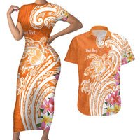 Aloha Lanai Island Personalized Couples Matching Short Sleeve Bodycon Dress and Hawaiian Shirt Orange Dreamy Turtle LT7 Orange - Polynesian Pride