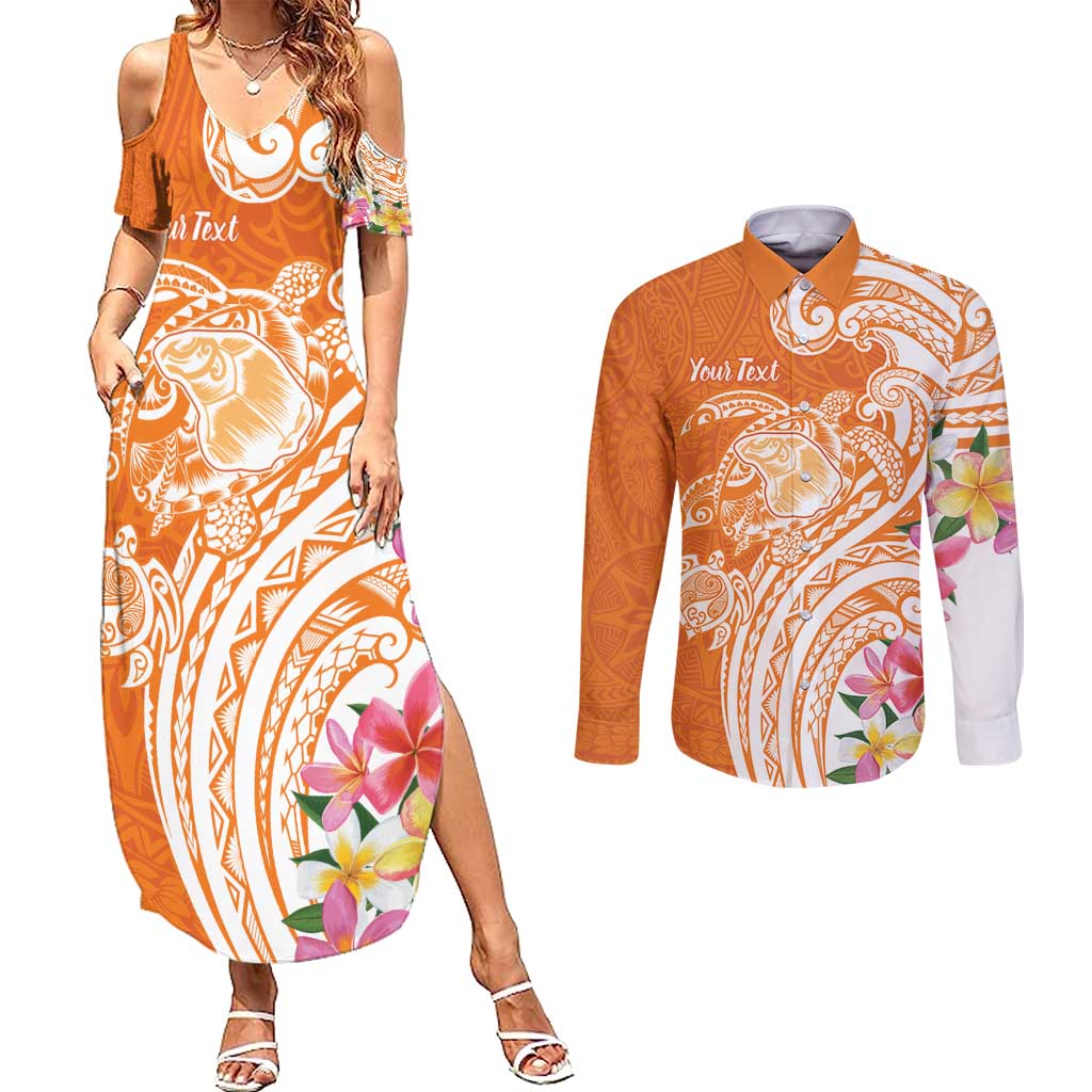 Aloha Lanai Island Personalized Couples Matching Summer Maxi Dress and Long Sleeve Button Shirt Orange Dreamy Turtle LT7 Orange - Polynesian Pride