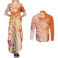 Aloha Lanai Island Personalized Couples Matching Summer Maxi Dress and Long Sleeve Button Shirt Orange Dreamy Turtle LT7 - Polynesian Pride