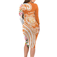 Aloha Lanai Island Personalized Family Matching Long Sleeve Bodycon Dress and Hawaiian Shirt Orange Dreamy Turtle LT7 - Polynesian Pride