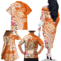 Aloha Lanai Island Personalized Family Matching Off The Shoulder Long Sleeve Dress and Hawaiian Shirt Orange Dreamy Turtle LT7 - Polynesian Pride