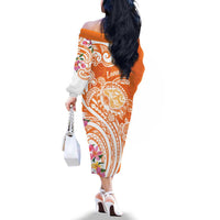Aloha Lanai Island Personalized Family Matching Off The Shoulder Long Sleeve Dress and Hawaiian Shirt Orange Dreamy Turtle LT7 - Polynesian Pride