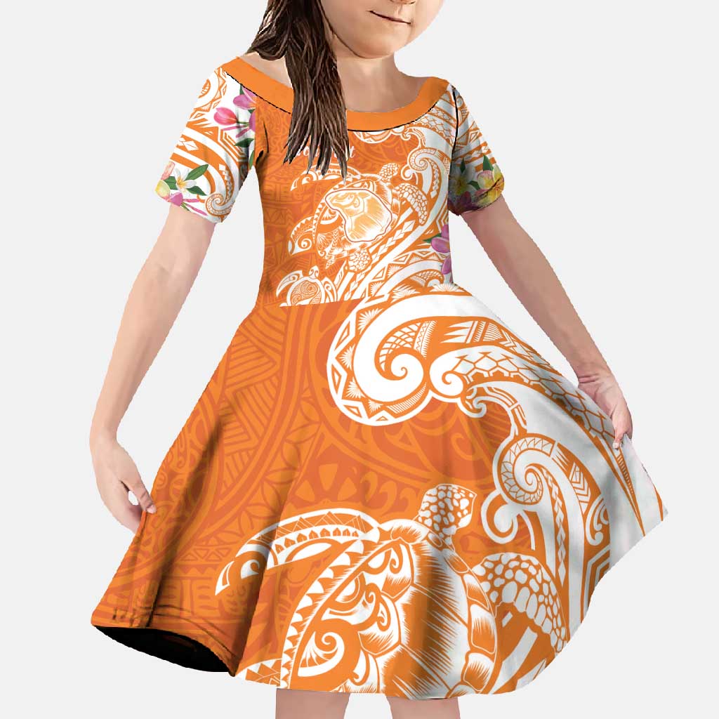Aloha Lanai Island Personalized Family Matching Off Shoulder Maxi Dress and Hawaiian Shirt Orange Dreamy Turtle LT7 Daughter's Dress Orange - Polynesian Pride