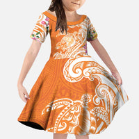 Aloha Lanai Island Personalized Family Matching Off Shoulder Maxi Dress and Hawaiian Shirt Orange Dreamy Turtle LT7 Daughter's Dress Orange - Polynesian Pride