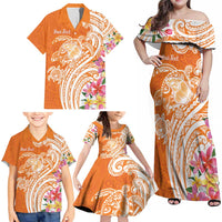 Aloha Lanai Island Personalized Family Matching Off Shoulder Maxi Dress and Hawaiian Shirt Orange Dreamy Turtle LT7 - Polynesian Pride