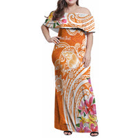 Aloha Lanai Island Personalized Family Matching Off Shoulder Maxi Dress and Hawaiian Shirt Orange Dreamy Turtle LT7 Mom's Dress Orange - Polynesian Pride