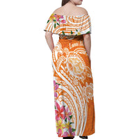 Aloha Lanai Island Personalized Family Matching Off Shoulder Maxi Dress and Hawaiian Shirt Orange Dreamy Turtle LT7 - Polynesian Pride