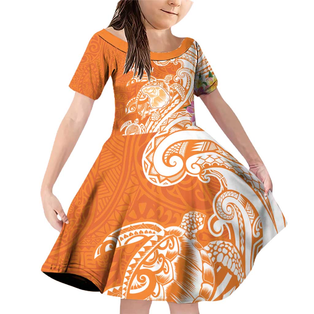 Aloha Lanai Island Personalized Family Matching Off Shoulder Short Dress and Hawaiian Shirt Orange Dreamy Turtle LT7 Daughter's Dress Orange - Polynesian Pride