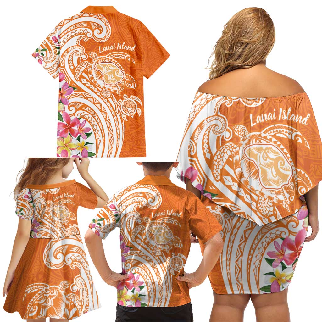 Aloha Lanai Island Personalized Family Matching Off Shoulder Short Dress and Hawaiian Shirt Orange Dreamy Turtle LT7 - Polynesian Pride