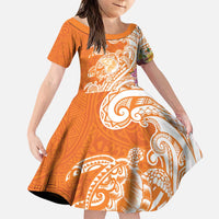 Aloha Lanai Island Personalized Family Matching Puletasi and Hawaiian Shirt Orange Dreamy Turtle LT7 Daughter's Dress Orange - Polynesian Pride