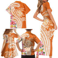 Aloha Lanai Island Personalized Family Matching Short Sleeve Bodycon Dress and Hawaiian Shirt Orange Dreamy Turtle LT7 - Polynesian Pride