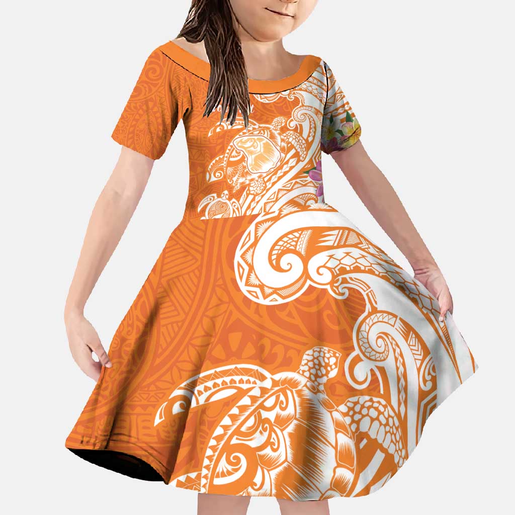 Aloha Lanai Island Personalized Family Matching Tank Maxi Dress and Hawaiian Shirt Orange Dreamy Turtle LT7 Daughter's Dress Orange - Polynesian Pride