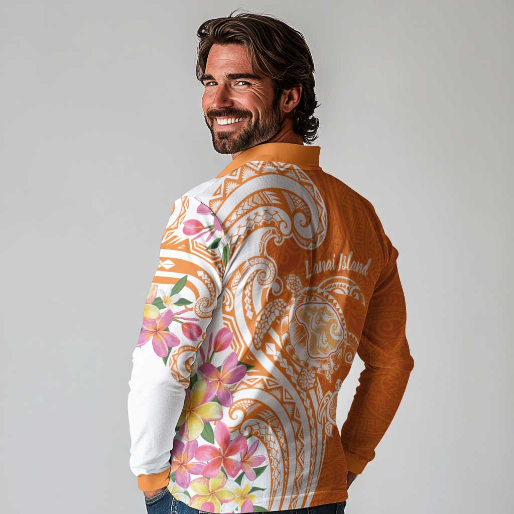 Aloha Lanai Island Personalized Long Sleeve Polo Shirt Orange Dreamy Turtle LT7 - Polynesian Pride