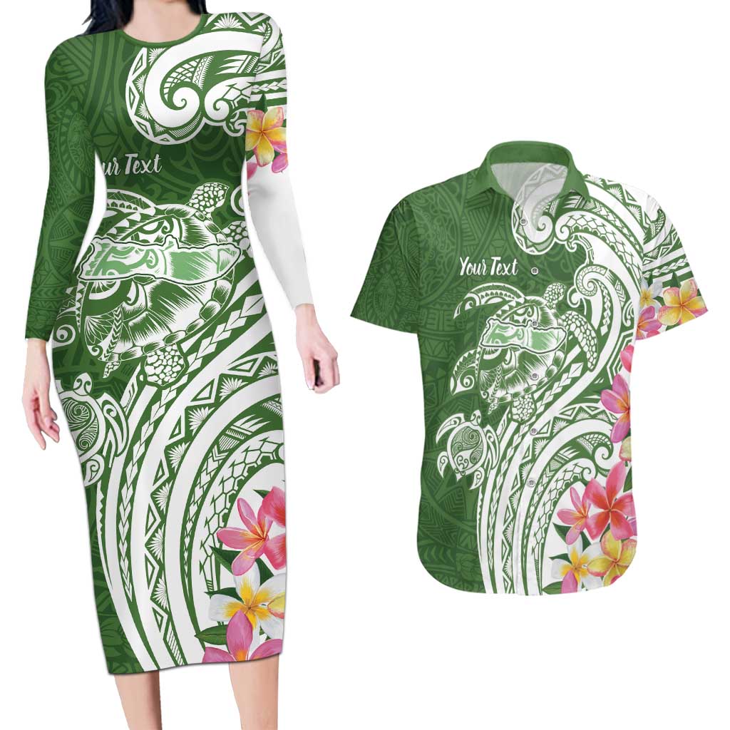 Aloha Molokai Island Personalized Couples Matching Long Sleeve Bodycon Dress and Hawaiian Shirt Sage Dreamy Turtle LT7 Sage Green - Polynesian Pride