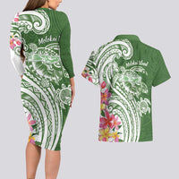 Aloha Molokai Island Personalized Couples Matching Long Sleeve Bodycon Dress and Hawaiian Shirt Sage Dreamy Turtle LT7 - Polynesian Pride