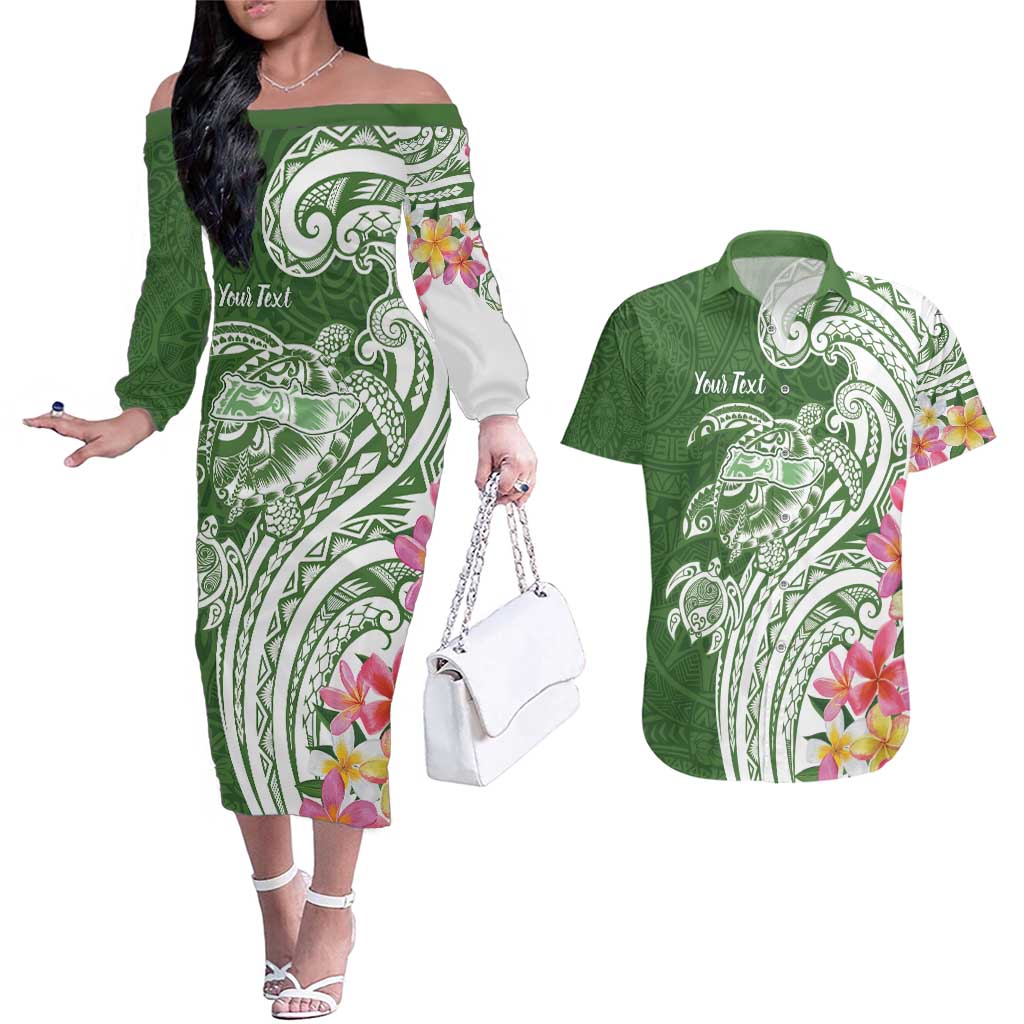 Aloha Molokai Island Personalized Couples Matching Off The Shoulder Long Sleeve Dress and Hawaiian Shirt Sage Dreamy Turtle LT7 Sage Green - Polynesian Pride