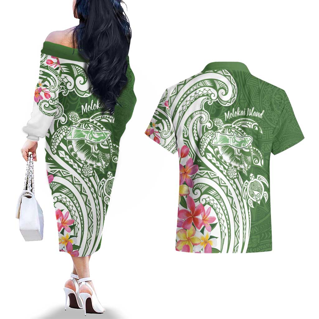Aloha Molokai Island Personalized Couples Matching Off The Shoulder Long Sleeve Dress and Hawaiian Shirt Sage Dreamy Turtle LT7 - Polynesian Pride