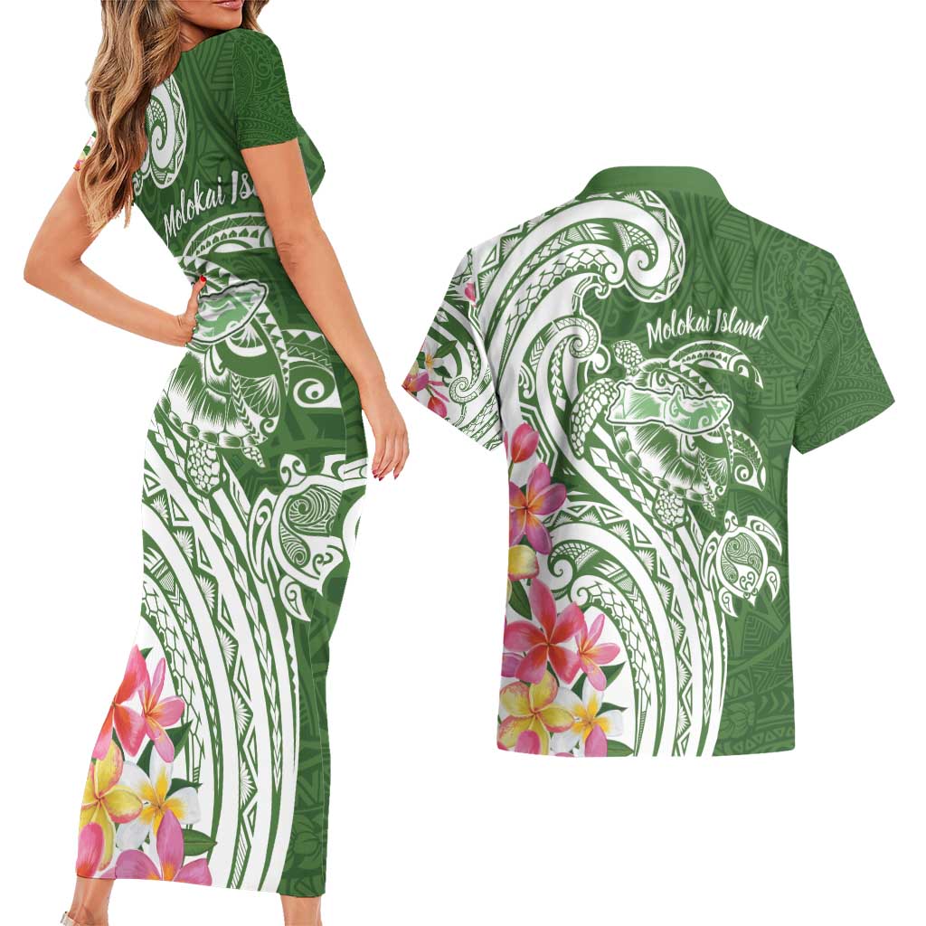 Aloha Molokai Island Personalized Couples Matching Short Sleeve Bodycon Dress and Hawaiian Shirt Sage Dreamy Turtle LT7 - Polynesian Pride