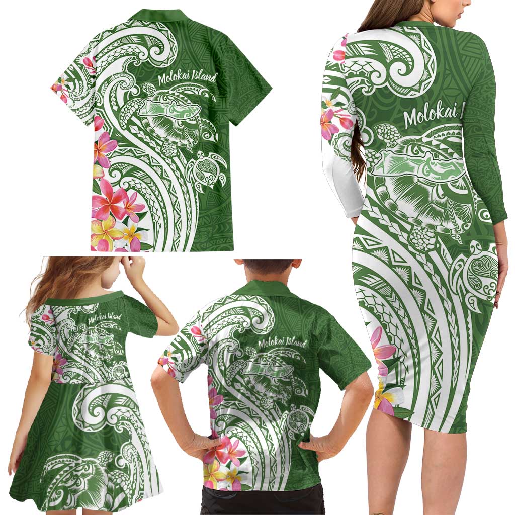 Aloha Molokai Island Personalized Family Matching Long Sleeve Bodycon Dress and Hawaiian Shirt Sage Dreamy Turtle LT7 - Polynesian Pride