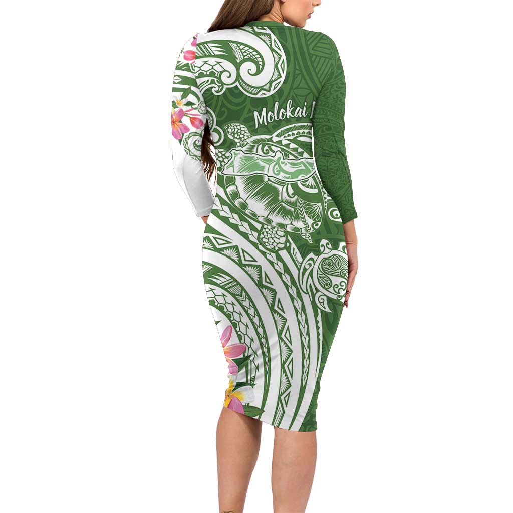 Aloha Molokai Island Personalized Family Matching Long Sleeve Bodycon Dress and Hawaiian Shirt Sage Dreamy Turtle LT7 - Polynesian Pride