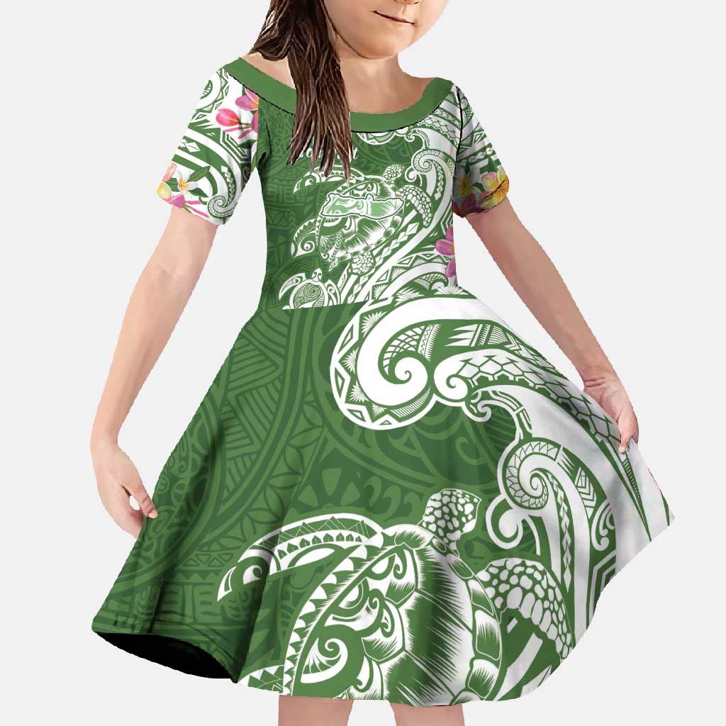 Aloha Molokai Island Personalized Family Matching Off Shoulder Maxi Dress and Hawaiian Shirt Sage Dreamy Turtle LT7 Daughter's Dress Sage Green - Polynesian Pride
