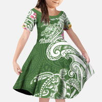 Aloha Molokai Island Personalized Family Matching Off Shoulder Maxi Dress and Hawaiian Shirt Sage Dreamy Turtle LT7 Daughter's Dress Sage Green - Polynesian Pride