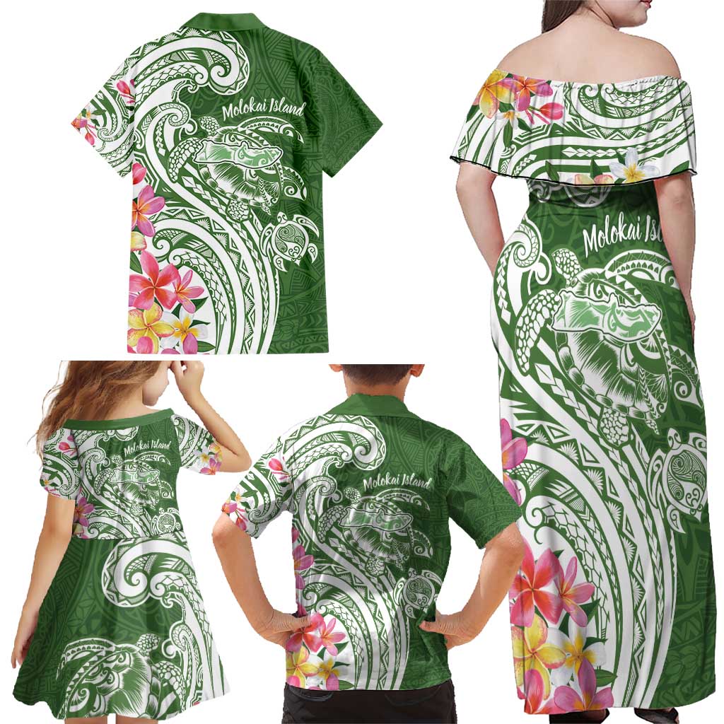 Aloha Molokai Island Personalized Family Matching Off Shoulder Maxi Dress and Hawaiian Shirt Sage Dreamy Turtle LT7 - Polynesian Pride