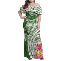 Aloha Molokai Island Personalized Family Matching Off Shoulder Maxi Dress and Hawaiian Shirt Sage Dreamy Turtle LT7 Mom's Dress Sage Green - Polynesian Pride