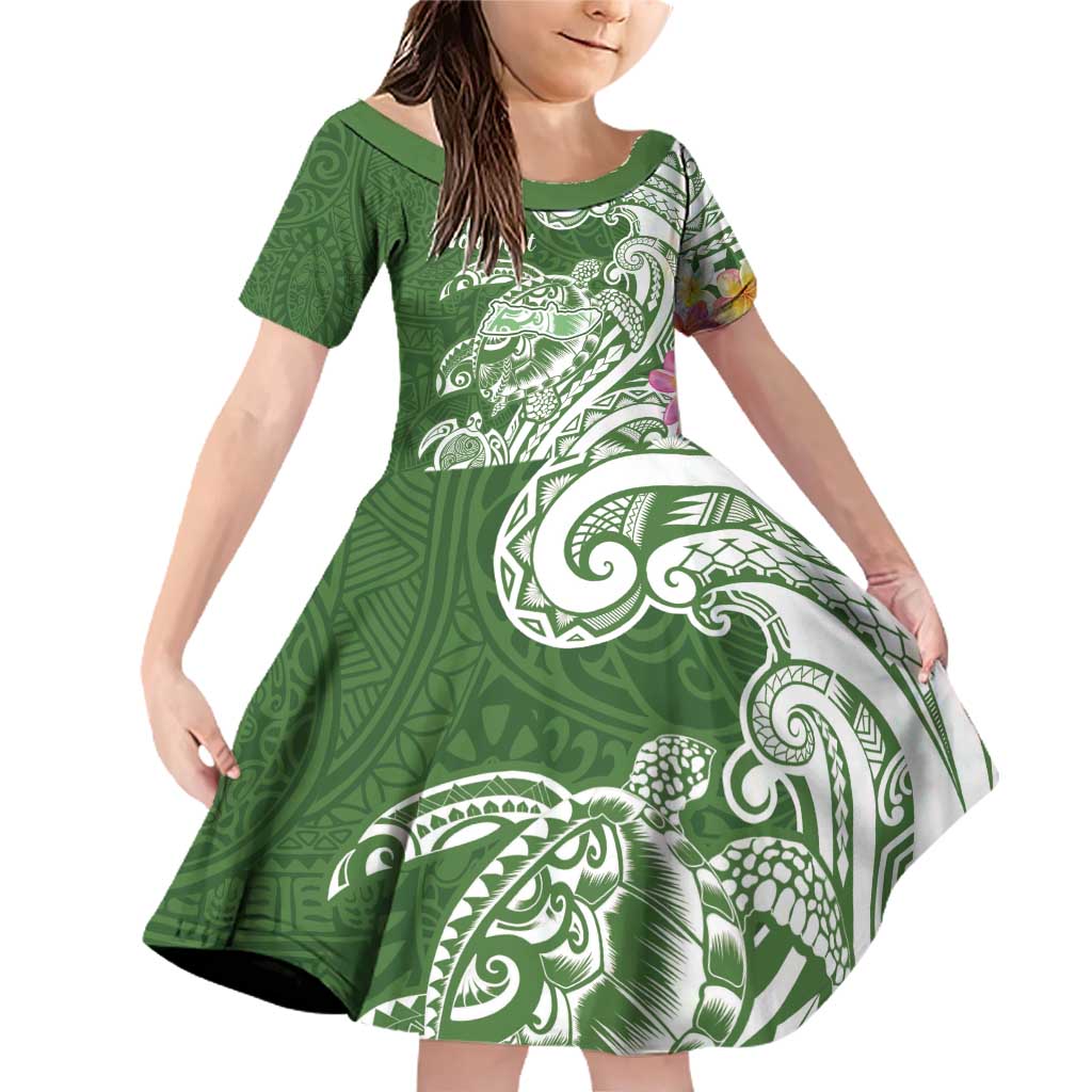 Aloha Molokai Island Personalized Family Matching Off Shoulder Short Dress and Hawaiian Shirt Sage Dreamy Turtle LT7 Daughter's Dress Sage Green - Polynesian Pride
