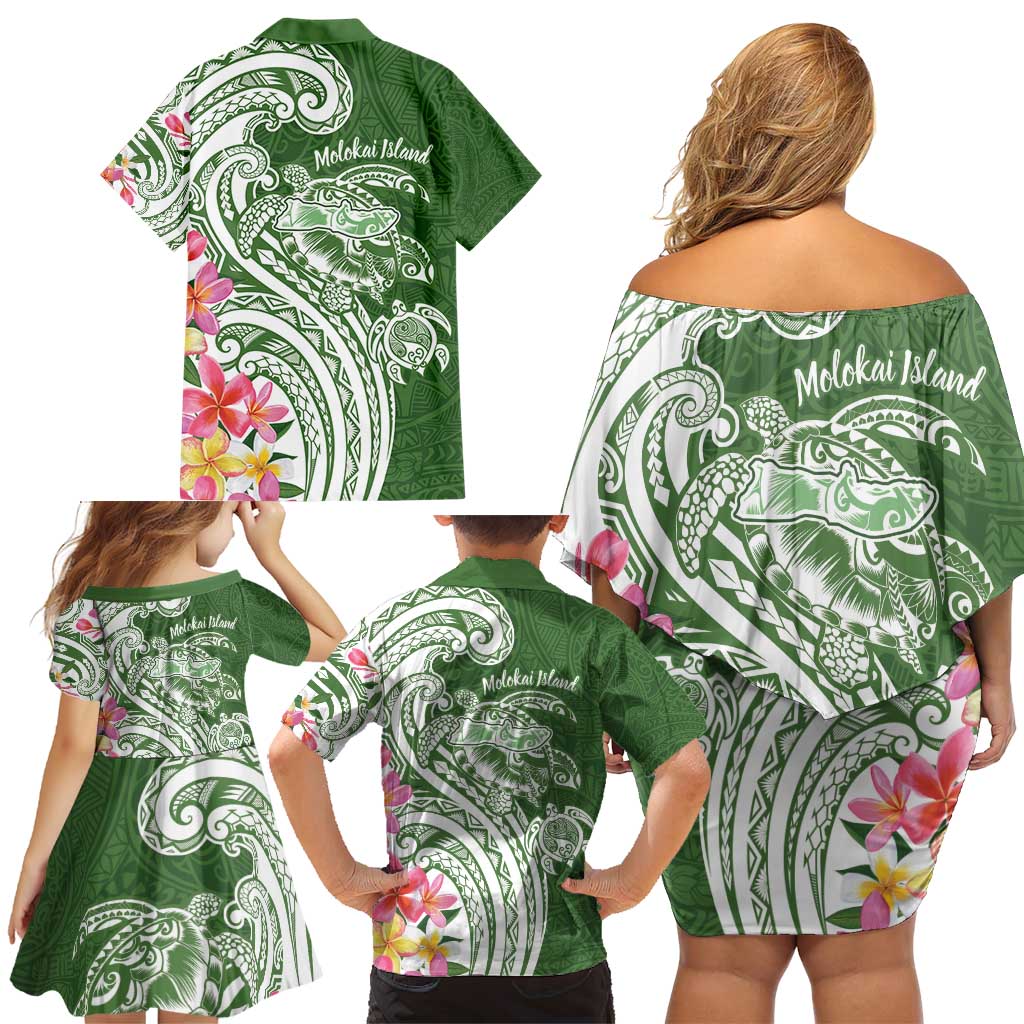 Aloha Molokai Island Personalized Family Matching Off Shoulder Short Dress and Hawaiian Shirt Sage Dreamy Turtle LT7 - Polynesian Pride
