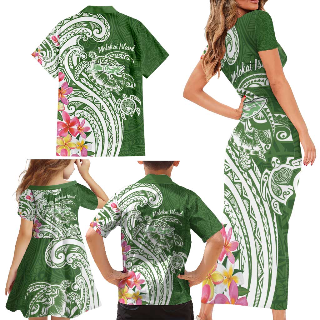 Aloha Molokai Island Personalized Family Matching Short Sleeve Bodycon Dress and Hawaiian Shirt Sage Dreamy Turtle LT7 - Polynesian Pride