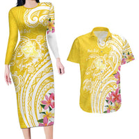 Aloha Oahu Island Personalized Couples Matching Long Sleeve Bodycon Dress and Hawaiian Shirt Yellow Dreamy Turtle LT7 Yellow - Polynesian Pride