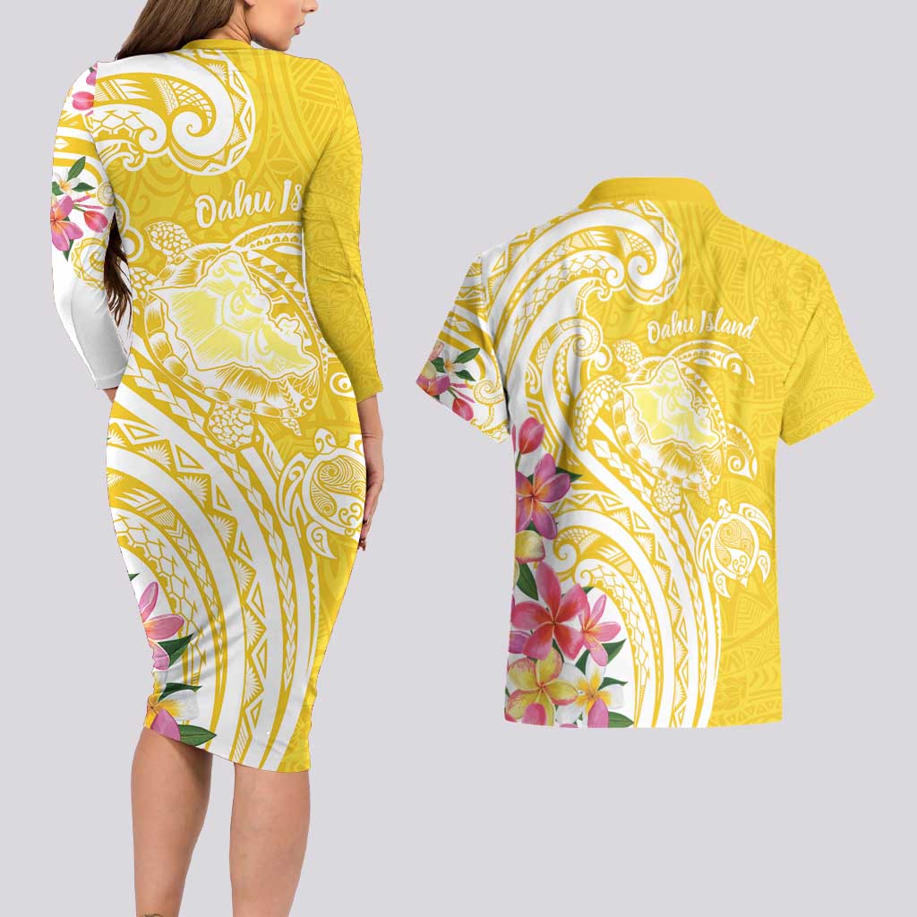 Aloha Oahu Island Personalized Couples Matching Long Sleeve Bodycon Dress and Hawaiian Shirt Yellow Dreamy Turtle LT7 - Polynesian Pride